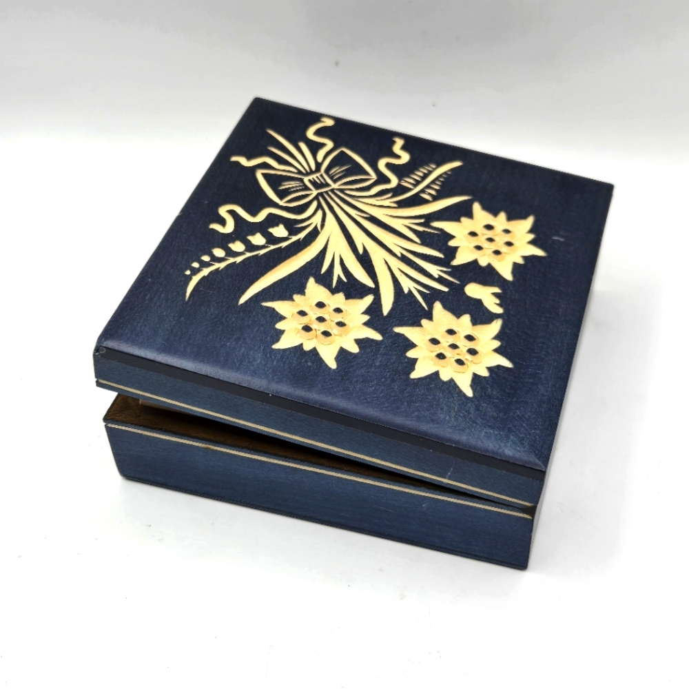 Small Hand Carved Wooden Hinged Trinket Box Flower Navy Blue, Red Velvet Poland